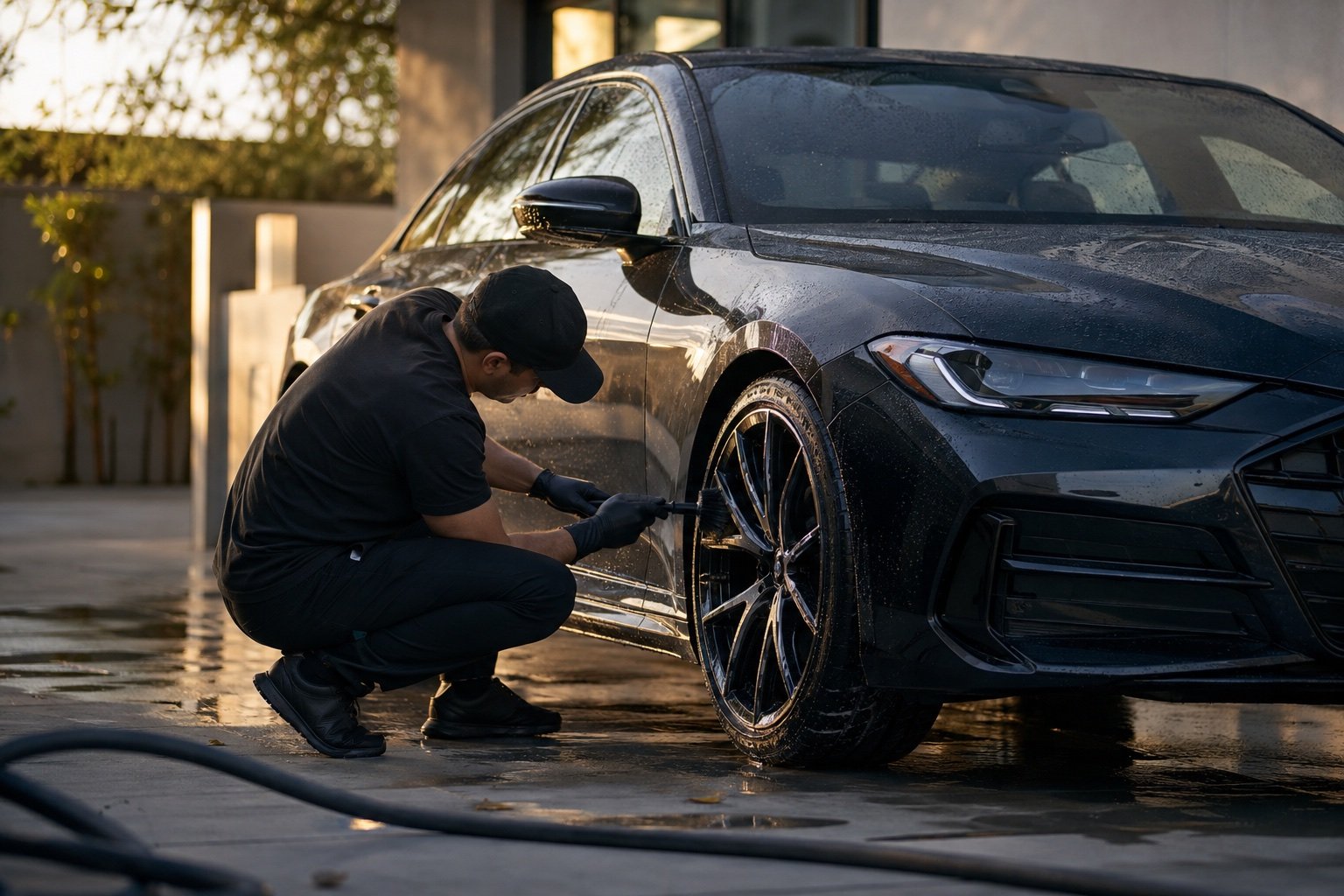Mobile detailer cleaning the front wheel of a dark sedan at golden hour