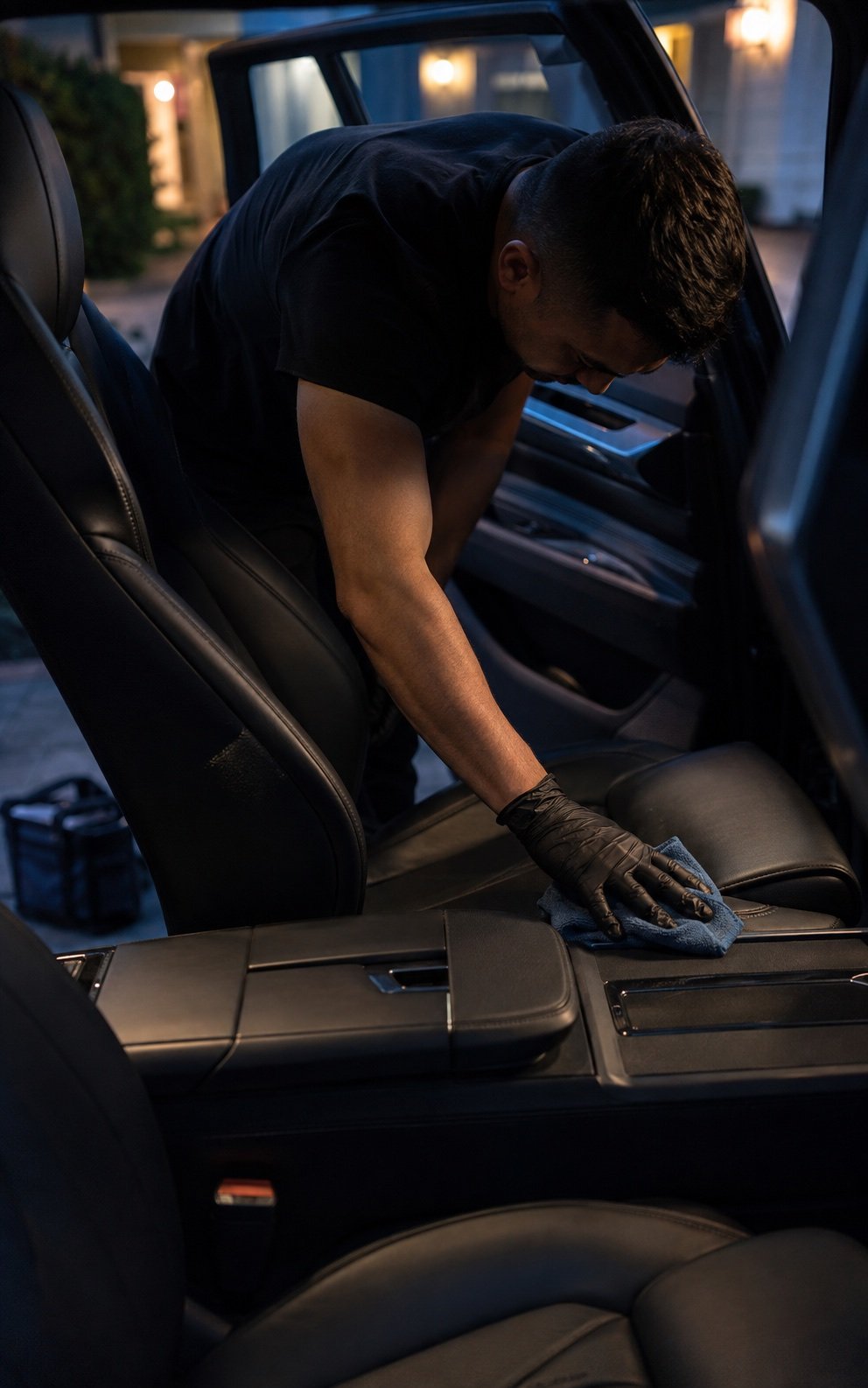 Detailer wiping a black leather passenger seat during a mobile interior detail