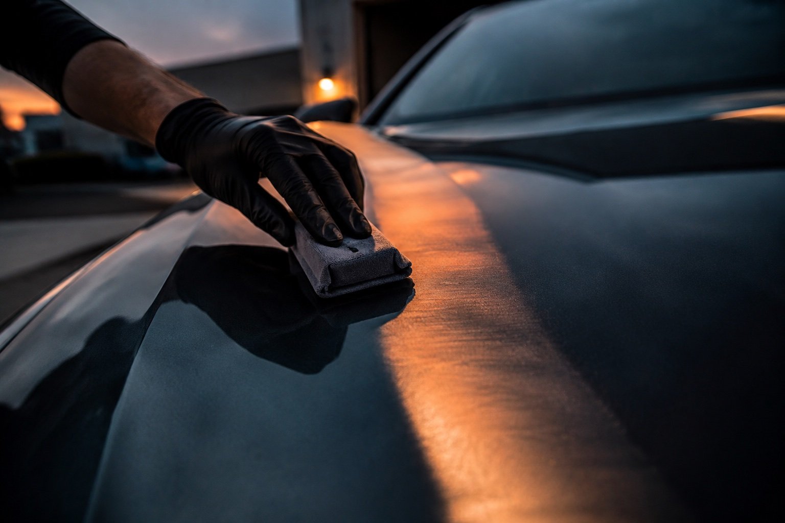 Ceramic protection being applied across a sunset reflection on a dark hood